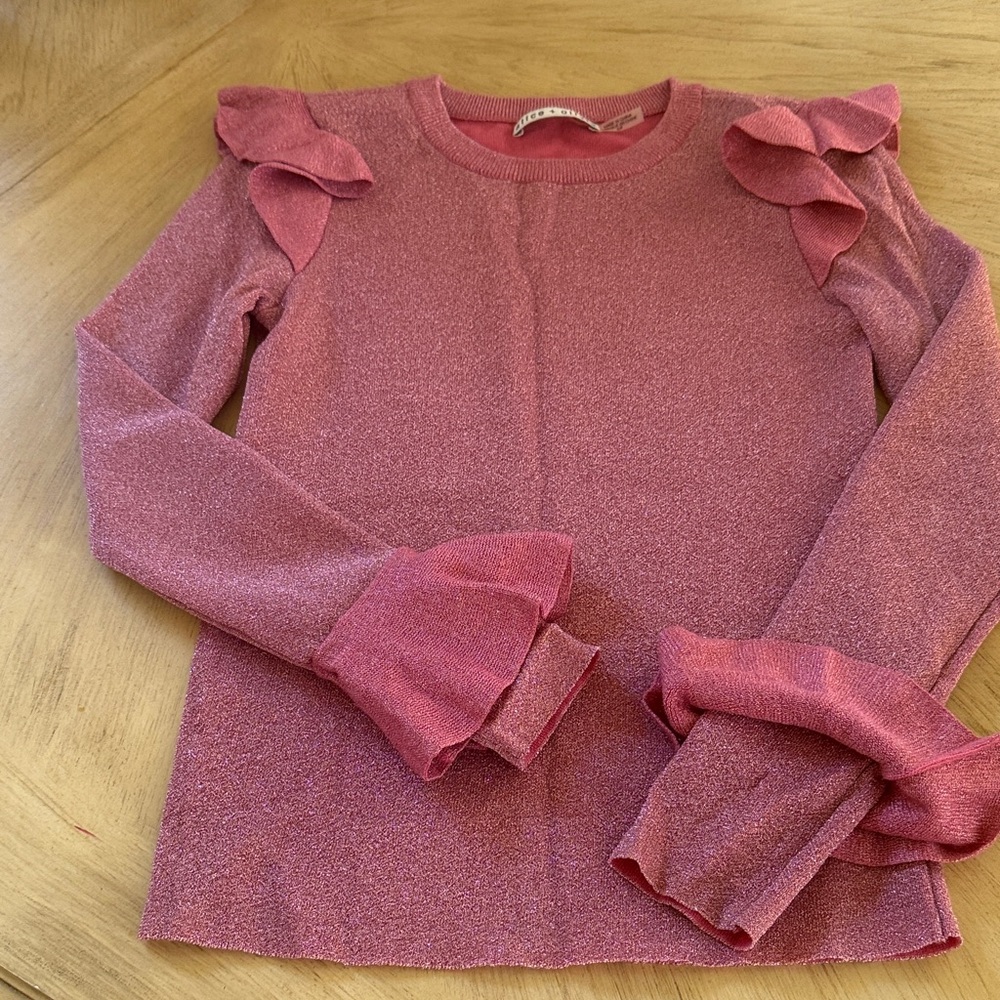 Alice + Olivia Shimmering Pink Ruffle Sleeve Sweater